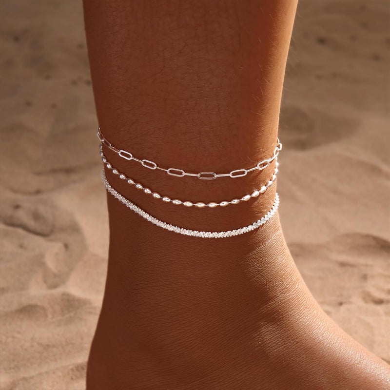 MIDEEO Gold/Silver Ankle Bracelets for Women,14K Gold Anklets for Women Waterproof Cuban Link Heart Beads Herringbone Rhinestone Anklets Set Layered Anklet Bracelets for Women Gold Jewelry Gift - Image 2